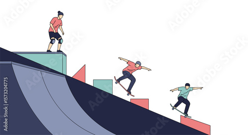 Skateboarders performing tricks on a ramp and stairs on a sunny day enjoying extreme sports outdoors