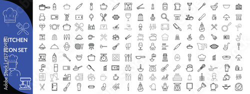 Kitchen Utensil icon set. Editable Stroke Icon Collection. Includes chopping board, cooking pots, frying pan, grater, kitchen scale, and More. Outline icons vector collection