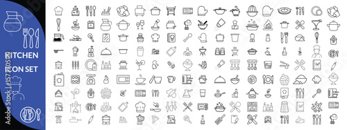 Kitchen Utensil icon set. Editable Stroke Icon Collection. Includes chopping board, cooking pots, frying pan, grater, kitchen scale, and More. Outline icons vector collection