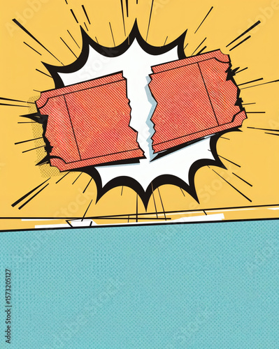 Torn movie ticket stub in comic style on colorful background, with copy space