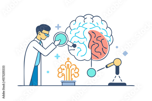 Scientist examining a stylized brain with a magnifying glass and scientific equipment