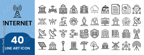 Internet & Network Outline Icon Set. Linear style icons for web, communication, server, connection, computer, cloud, wifi, data transfer, router, and digital technology.