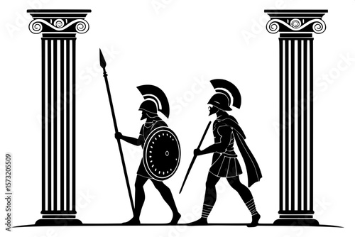 "A symmetrical silhouette composition of two ancient Roman soldiers guarding a triumphal arch, each holding a spear and wearing helmets with plumes. The background is pure white, and the scene is desi