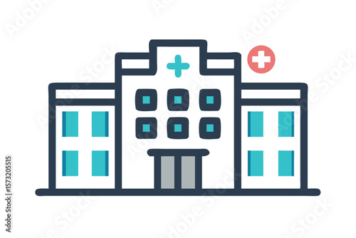 Modern hospital building exterior with medical cross symbol and windows