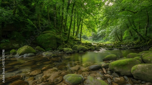Verdant forest stream with mossy boulders river rocks