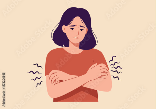 A vector illustration depicts a young woman shivering, hugging herself for warmth, showcasing the feeling of coldness or fear against a neutral background.