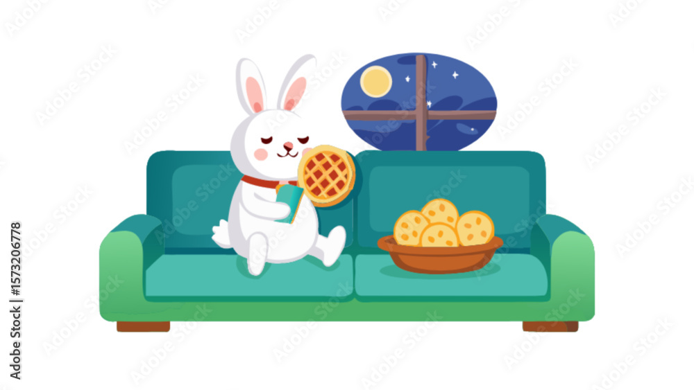 Naklejka premium Cute bunny rabbit reading book and eating waffles on couch at night cartoon vector illustration