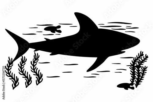 Majestic shark swimming with small fish and seaweed marine life ocean