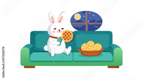 Cute bunny rabbit reading book and eating waffles on couch at night cartoon vector illustration