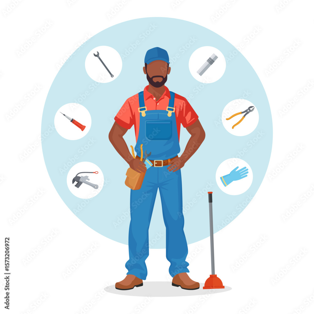 Fototapeta premium Black Plumber Standing on White Background with Plumbing Tools Around – Vector Illustration Featuring Wrench, Plunger, Gloves, Pipe Connector, Screwdriver, Pliers – Labor Day Concept