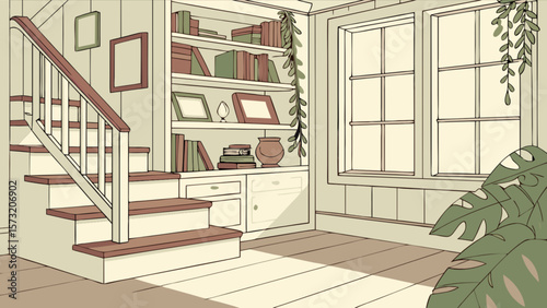Illustration of a cozy home interior with staircase bookshelf and windows for background design use
