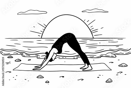 Person practicing downward facing dog on beach at sunrise yoga ocean