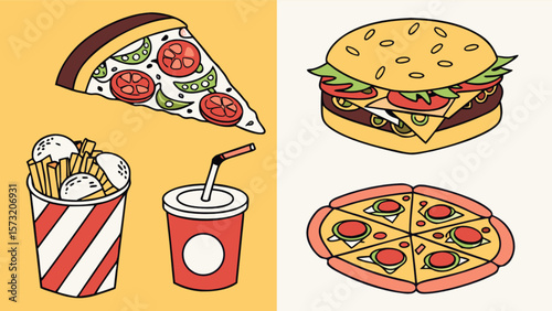 Delicious fast food vector illustration of pizza burger fries and drink for restaurant menu and design 100