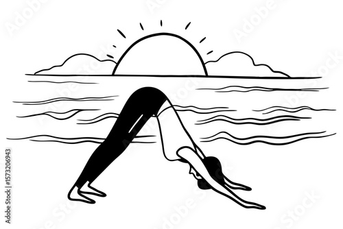 Woman doing downward dog yoga pose on beach at sunrise ocean
