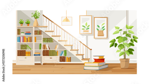 Interior design bookshelf stairs plants decor home library study room vector illustration style design