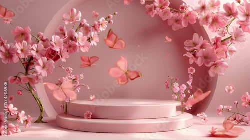 Elegant Pink Podium Surrounded by Blooming Cherry Blossoms and Butterflies