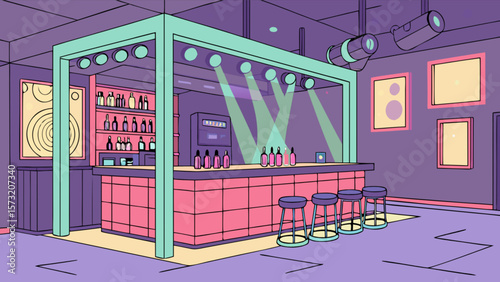 Trendy bar interior illustration with lighting and stools for nightlife scene design vector art