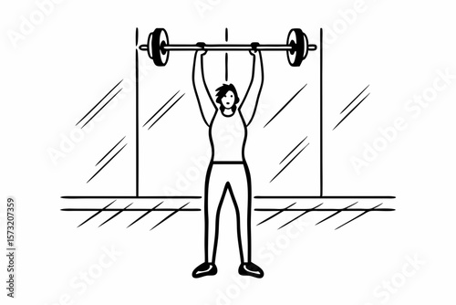 Person lifting barbell overhead in gym vector