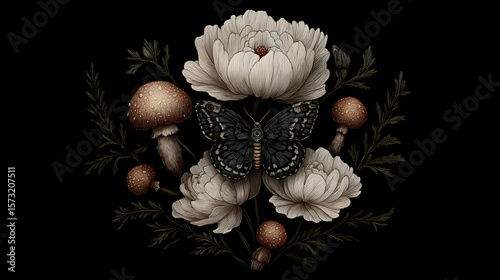 A dark botanical illustration of a white moth surrounded by mystical flowers and foliage, combining delicate natural elements with a moody, mysterious atmosphere.
