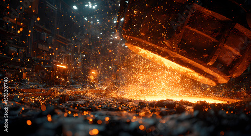 An intense and dramatic shot of glowing, molten steel being poured from a massive industrial ladle, creating a shower of bright orange sparks against a dark foundry background.