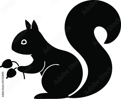 Squirrel with acorns silhouette featuring bushy tail and foraging pose for woodland nature icon