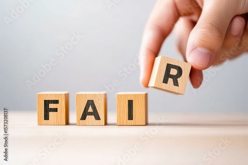 A hand is placing a letter 'R' onto wooden blocks that spell out the word 'FAIR,' symbolizing fairness and equity in various contexts such as business and personal interactions.