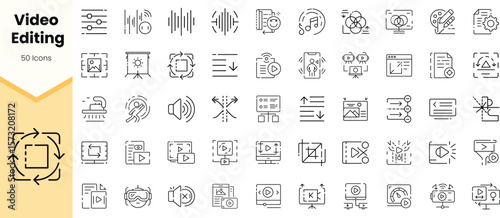 A collection of 50 minimalist video editing icons in black and white, showcasing various tools and features related to video production and editing.