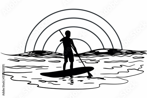 Silhouette of person paddleboarding under a rainbow ocean water