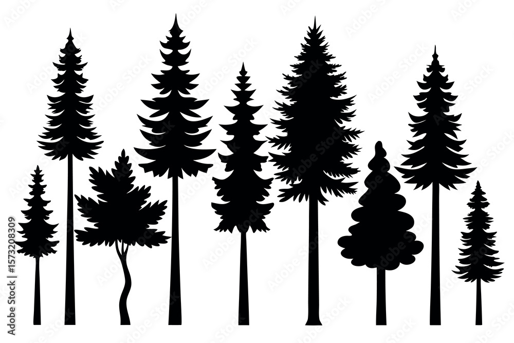 Fototapeta premium Minimalist Evergreen Tree Silhouettes – Isolated Pine and Spruce Forest Vector Design