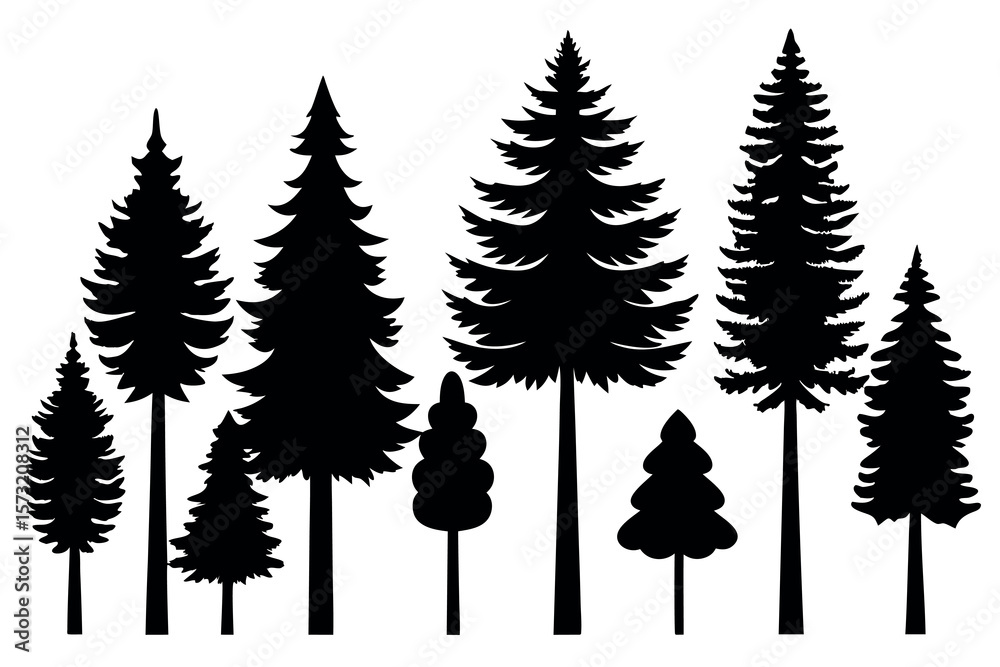Fototapeta premium Minimalist Evergreen Tree Silhouettes – Isolated Pine and Spruce Forest Vector Design