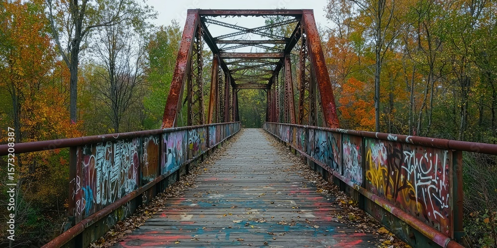 Fototapeta premium An old iron bridge covered in rust and graffiti