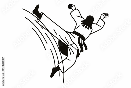 Person in martial arts uniform performing a high kick karate judo