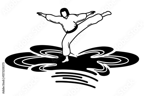 Martial artist performing high kick on stylized water martial arts karate