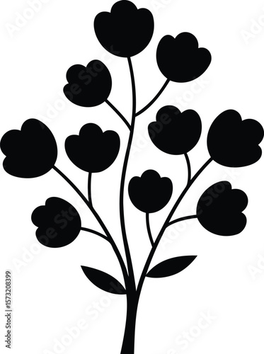 Wildflowers silhouette with branching stems and rounded petals for botanical nature icon
