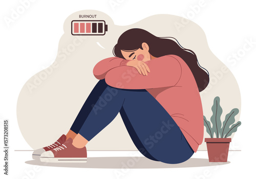 A young woman sits on the floor, head bowed, exhibiting signs of burnout and exhaustion, illustrated with a low battery icon above her.
