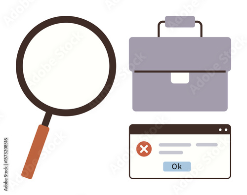 Magnifying glass, briefcase, and error message window emphasizing obstacles in work processes or job search. Ideal for analysis, career, troubleshooting, exploration, problem-solving, obstacles