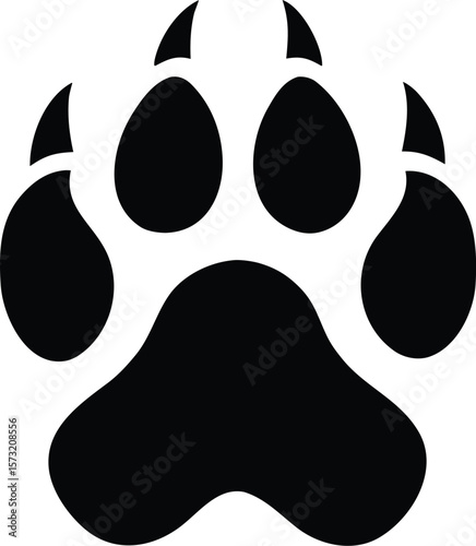 Wolf paw print silhouette with four rounded toes and triangular pad for wild animal tracking icon