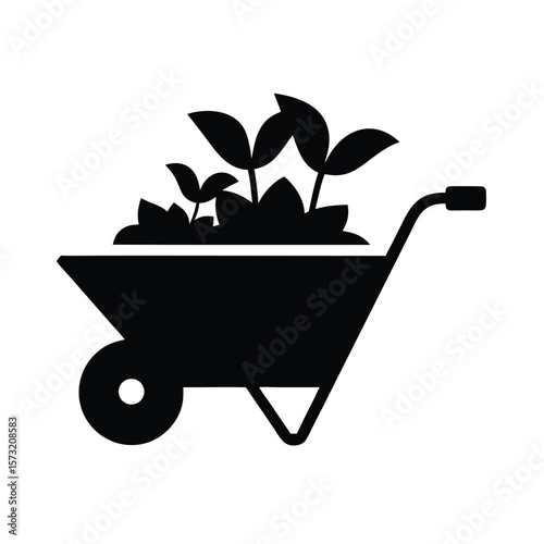 Silhouette of a wheelbarrow filled with plants for landscaping environment and greenery