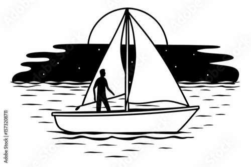 Silhouette of a person sailing on a boat under a large moon vector
