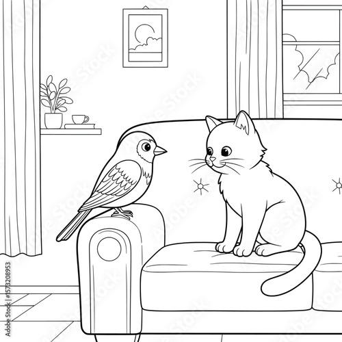 Cute Cat and Bird Sitting on a Sofa – Black and White Line Art Coloring Page for Kids – Animal Friendship Indoors Scene