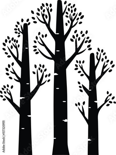 Birch trees silhouette with textured trunks and sparse leafy branches for woodland nature icon