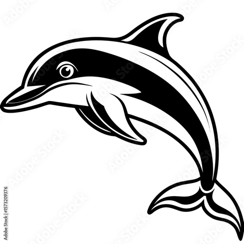 Dynamic black and white dolphin leaping through water silhouette