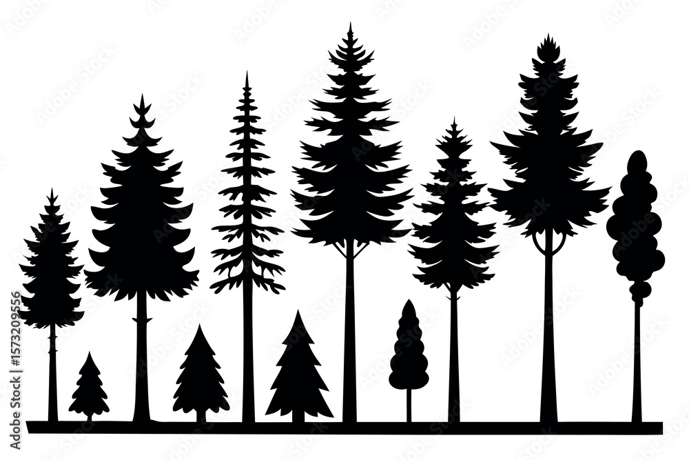 Fototapeta premium Black Silhouettes of Evergreen Trees – Woodland Conifer Forest Vector Illustration