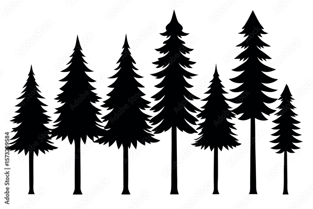Obraz premium Black Silhouettes of Evergreen Trees – Woodland Conifer Forest Vector Illustration