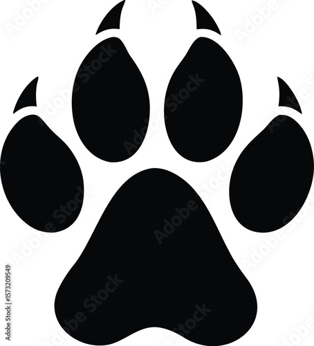 Fox paw print silhouette with four oval toes and triangular pad for wild animal tracking icon