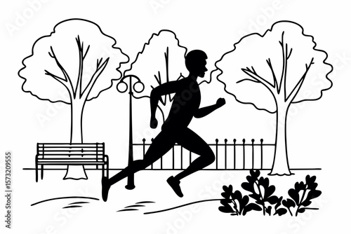 Silhouette of a man running in a park with trees and bench runner
