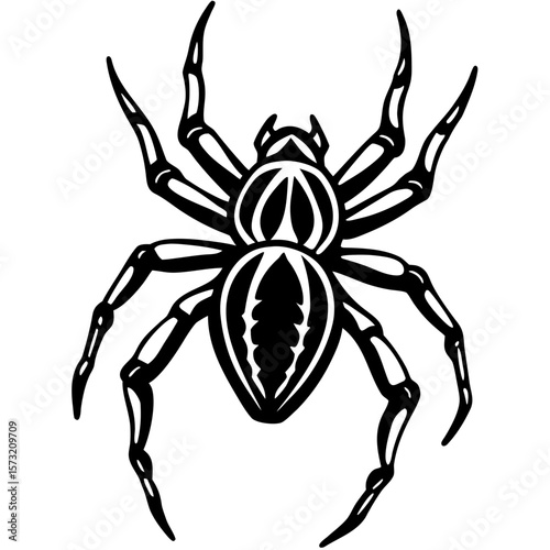 Detailed black spider with eight legs and segmented body silhouette