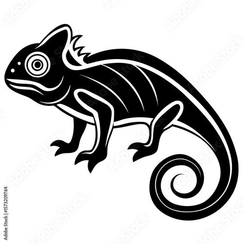 Stylized black chameleon with swirling tail silhouette