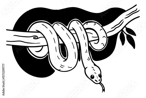 Snake coiled on branch with leaves coiling black and white