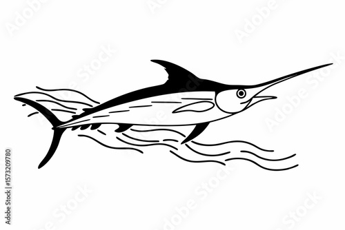 Sharp swordfish leaping through stylized waves marine life ocean